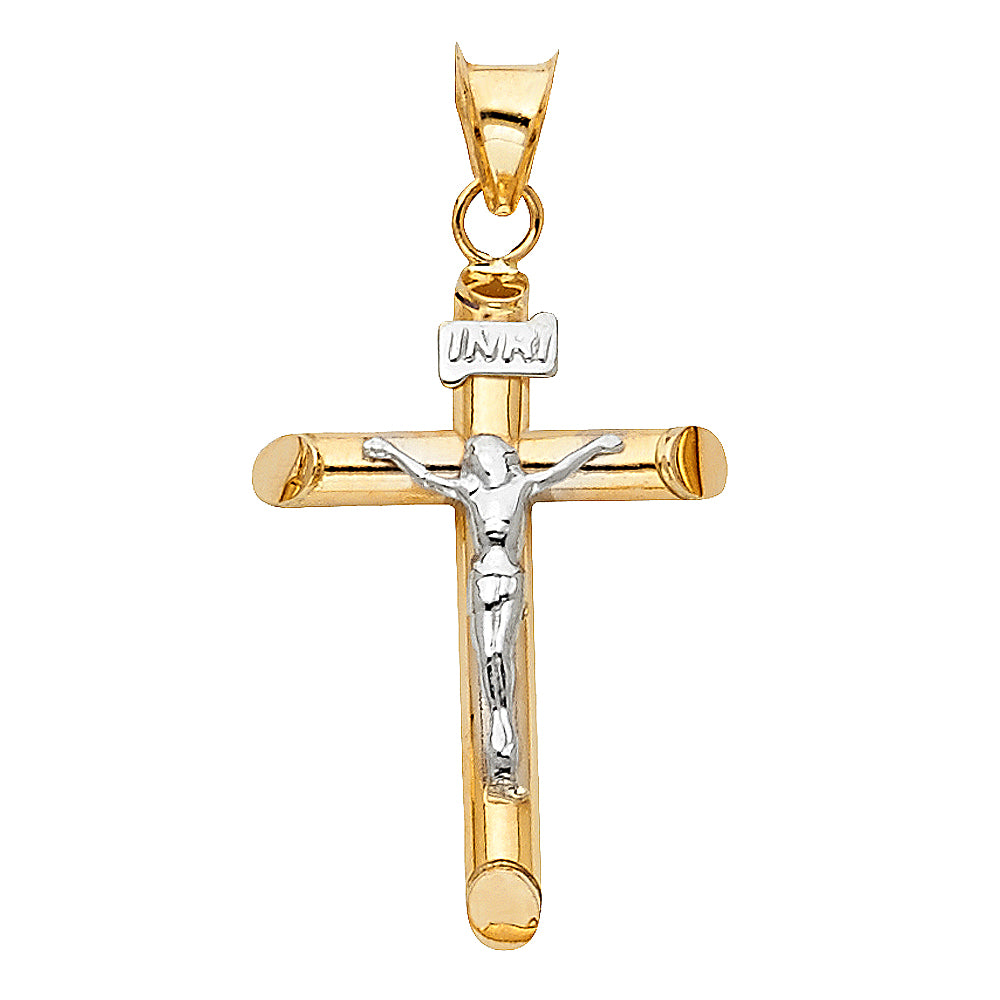 14K two-tone gold hollow tubular crucifix pendant with white gold corpus and INRI tablet, 35mm, on white background