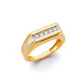 14K two-tone yellow and white gold men's statement ring with five CZ stones in diagonal channel setting and white gold shoulder accents on white background