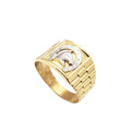 14K two-tone yellow and white gold men's statement ring with horseshoe and horse head centerpiece on watch-link style band on white background