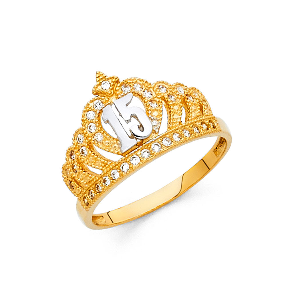 14K two-tone gold Quinceañera crown tiara ring with CZ stones and number 15 on white background