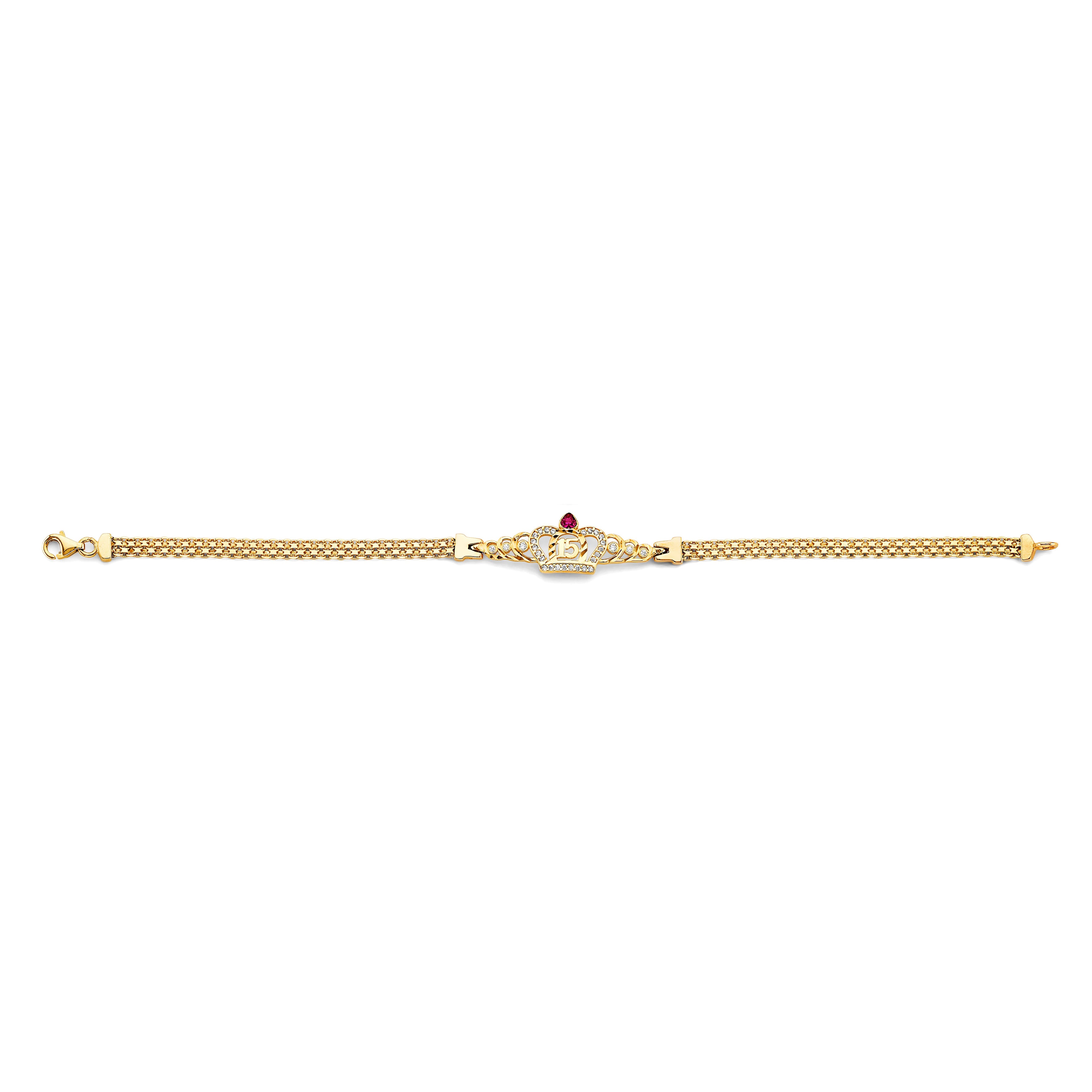 14K two-tone gold triple strand mesh bracelet with CZ pavé crown number 15 centerpiece and red CZ accent on white background