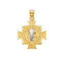 14K two-tone gold San Benito cross pendant with white gold St. Benedict figure and Latin inscription border, 20mm, on white background