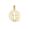 14K two-tone gold San Benito round medal pendant with white gold St. Benedict figure and Latin inscription border, 24mm, on white background