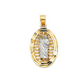 14K two-tone gold St. Jude Thaddeus pendant with white gold figure and diamond-cut yellow gold filigree oval frame, 20mm, on white background