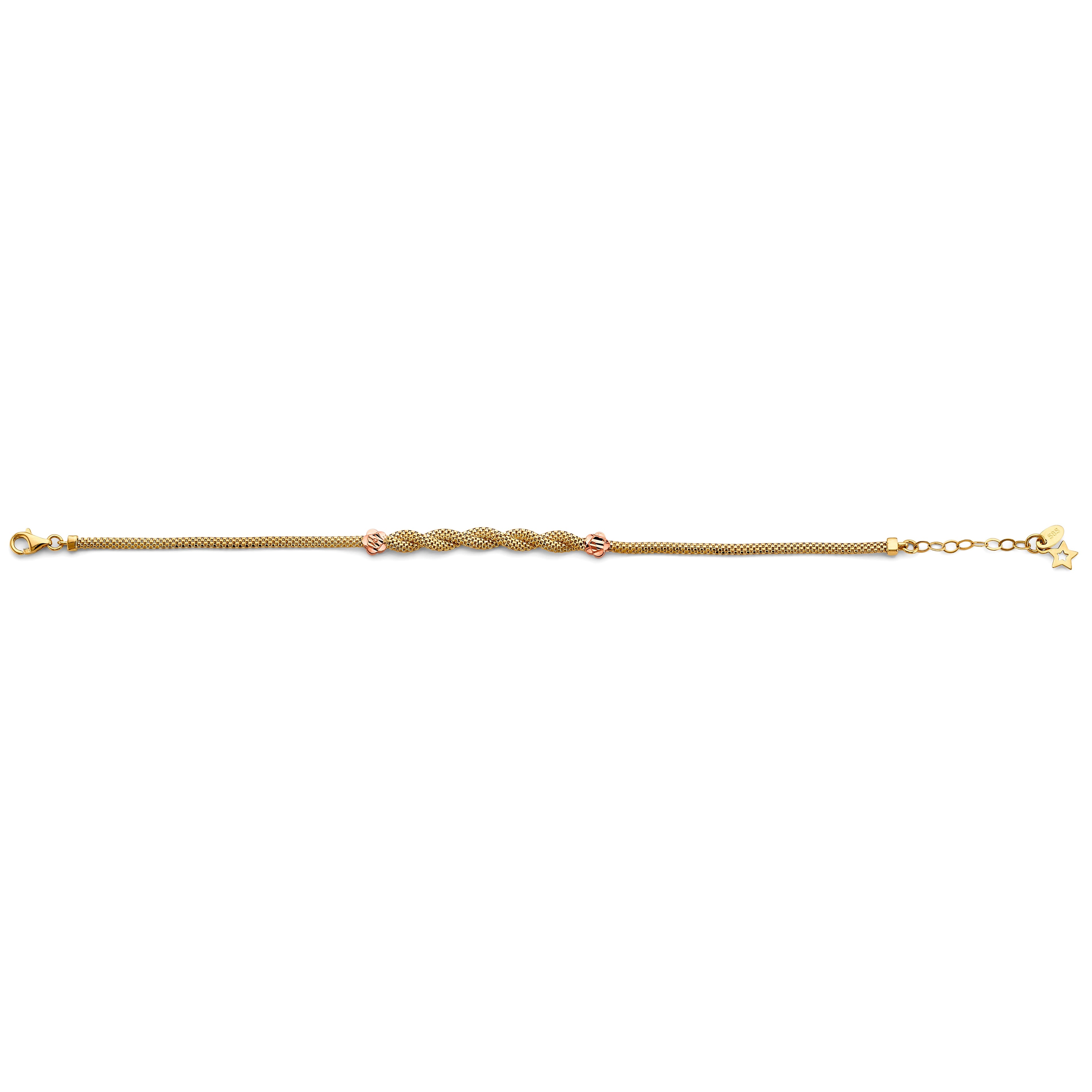 14K two-tone yellow and rose gold popcorn mesh bracelet with twisted rope knot centerpiece and rose gold diamond-cut bead accents with star charm drop on white background