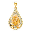 14K two-tone yellow and rose gold Virgin Mary Guadalupe diamond-cut teardrop pendant 26x18mm on white background