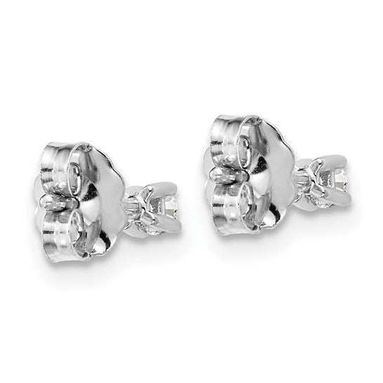 Back view of 14K white gold 1/10 carat lab grown diamond round stud earrings showing push-back posts on white background