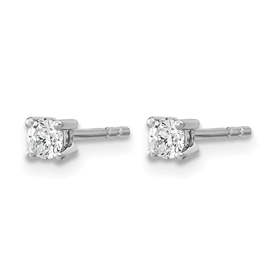 Side profile of 14K white gold 1/10 carat lab grown diamond round stud earring showing push-back post and 4-prong basket setting on white background