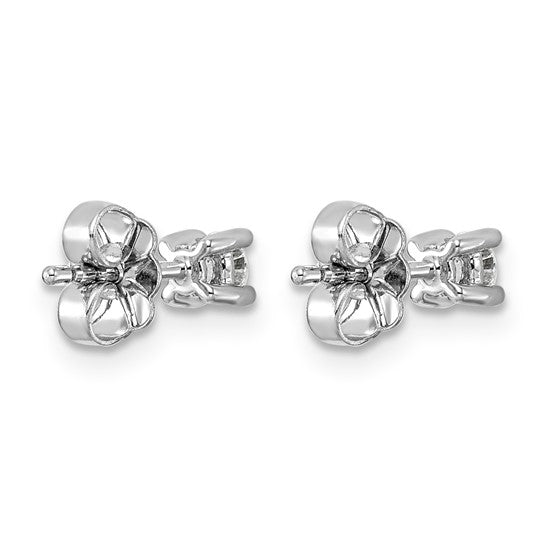 Back view of 14K white gold 1/4 carat lab grown diamond round stud earrings showing push-back posts on white background
