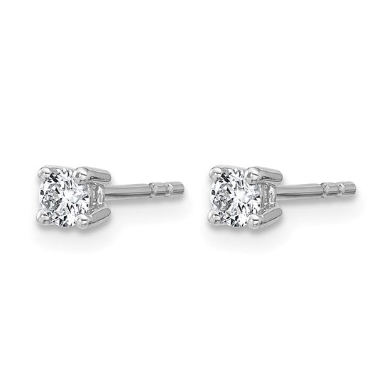 Side profile of 14K white gold 1/4 carat lab grown diamond round stud earring showing push-back post and 4-prong basket setting on white background
