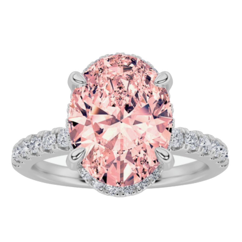 14K white gold 1.51ct fancy vivid pink IGI certified lab grown diamond oval ring with hidden halo and pavé band on white background