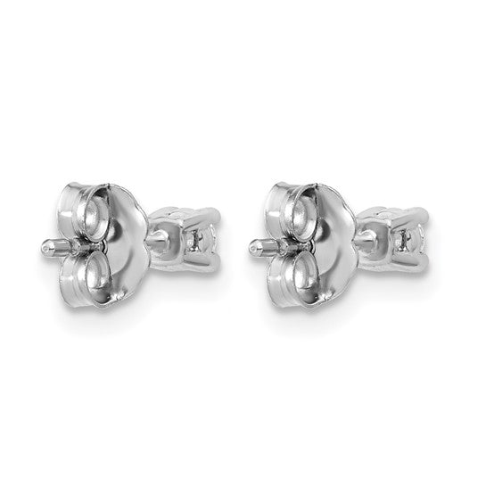Back view of 14K white gold 1/6 carat lab grown diamond round stud earrings showing push-back posts on white background