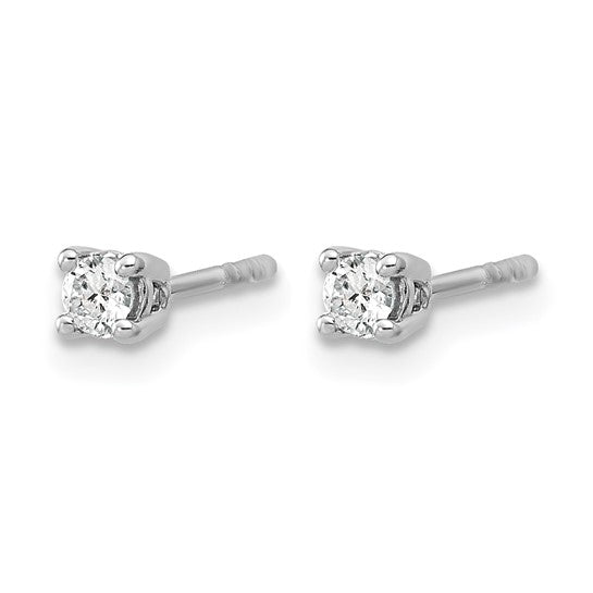 Side profile of 14K white gold 1/6 carat lab grown diamond round stud earring showing push-back post and 4-prong setting on white background