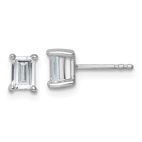 14K white gold 1 carat IGI certified lab grown diamond emerald cut stud earrings front view pair on white background