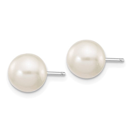 Side profile of 14K white gold 7-8mm white round freshwater cultured pearl stud earring showing push-back post on white background