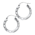 14K white gold round hoop earrings with diamond-cut striped pattern, 3mm tube, 20mm diameter, hinged snap closure, on white background