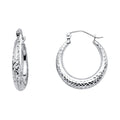 14K white gold diamond-cut crescent moon shape hoop earrings, 20mm, hinged snap closure, on white background