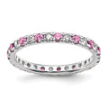 14K white gold eternity band with alternating lab grown diamonds and lab created pink sapphire round stones front view on white background