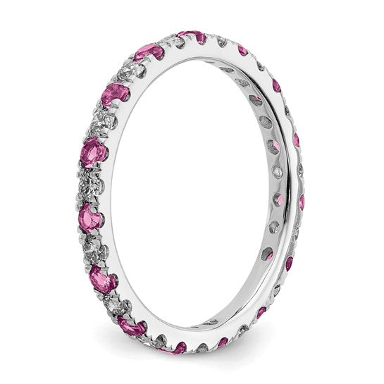 14K white gold lab grown diamond and pink sapphire full eternity band side view showing stones all the way around on white background