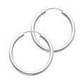 14K white gold 2mm polished round tube endless hoop earrings 25mm on white background
