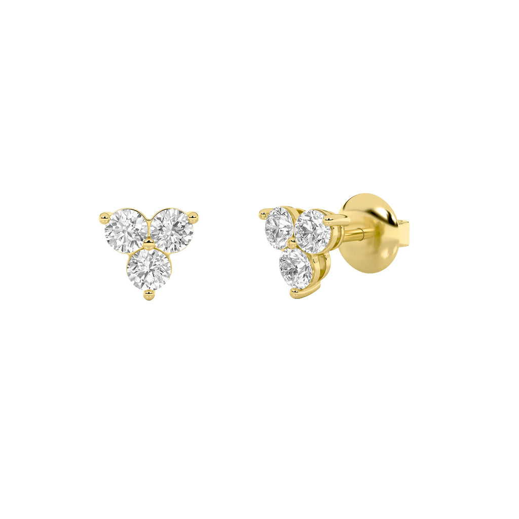 14K yellow gold 1 1/2 ct IGI lab grown diamond three-stone cluster stud earrings angled view on white background