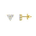 14K yellow gold 1 1/2 ct IGI lab grown diamond three-stone cluster stud earrings front and side view on white background