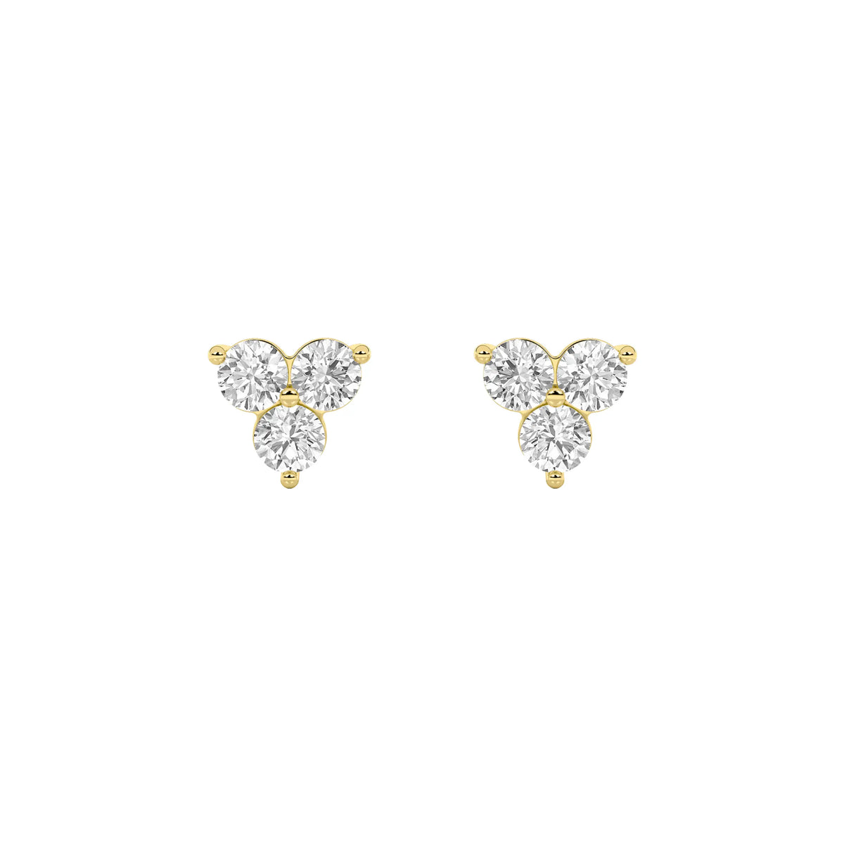 Pair of 1 1/2 ct IGI certified lab grown diamond three-stone cluster stud earrings in 14K yellow gold on white background