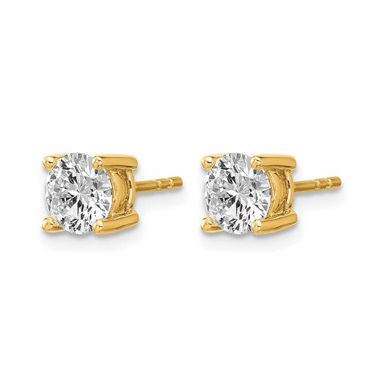 14K yellow gold lab grown diamond round stud earrings with four-prong basket settings on white background