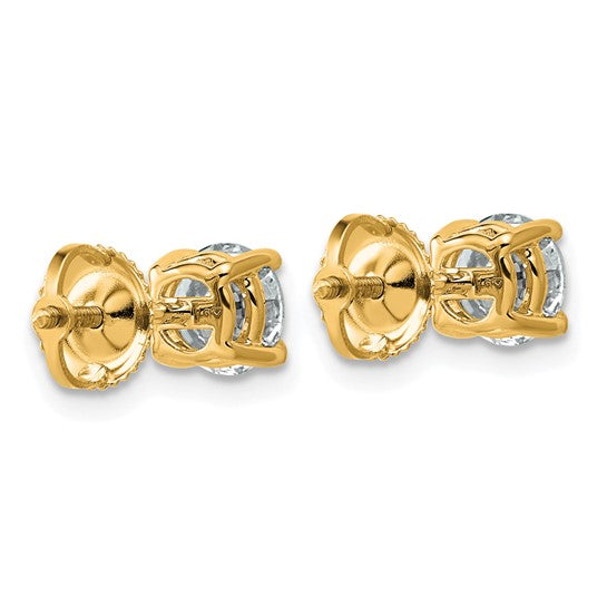 Back view of 14K yellow gold 1 1/2 carat lab grown diamond round stud earrings showing screw-back posts on white background