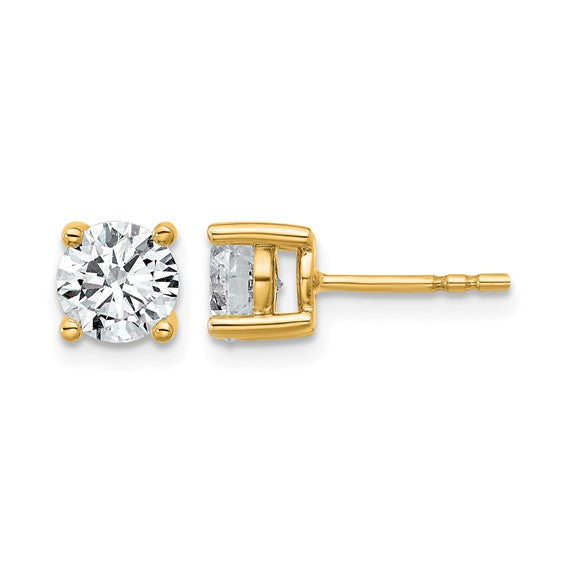 14K yellow gold 1 1/2 carat D color VS1 lab grown diamond round stud earrings front view pair on white background