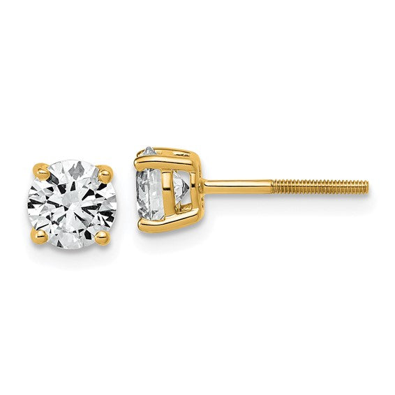 14K yellow gold 1 1/2 carat lab grown diamond round stud earrings front view pair with screw-back posts on white background