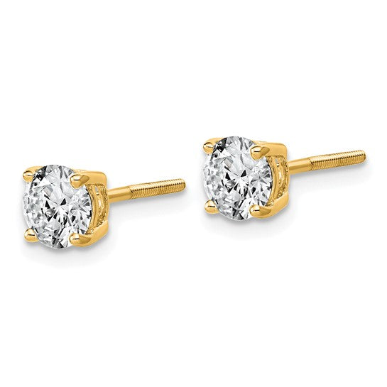 Side profile of 14K yellow gold 1 1/2 carat lab grown diamond round stud earring showing screw-back post and 4-prong setting on white background