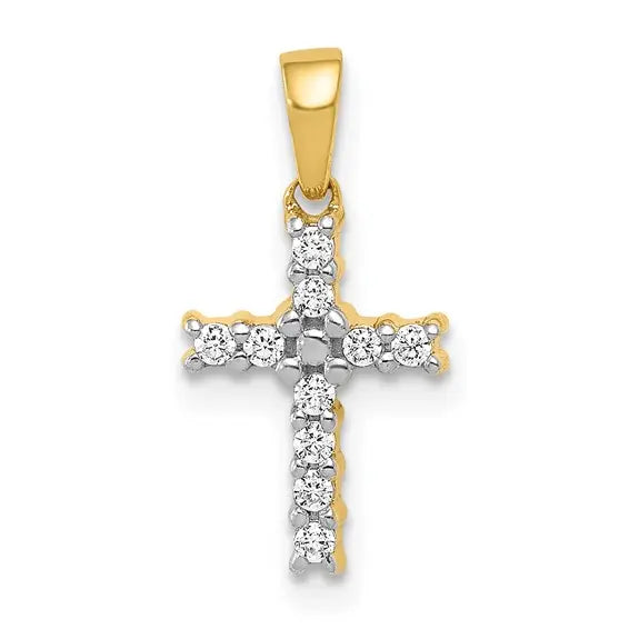 14K yellow gold 1/10 carat lab grown diamond Latin cross pendant with round diamonds on white background