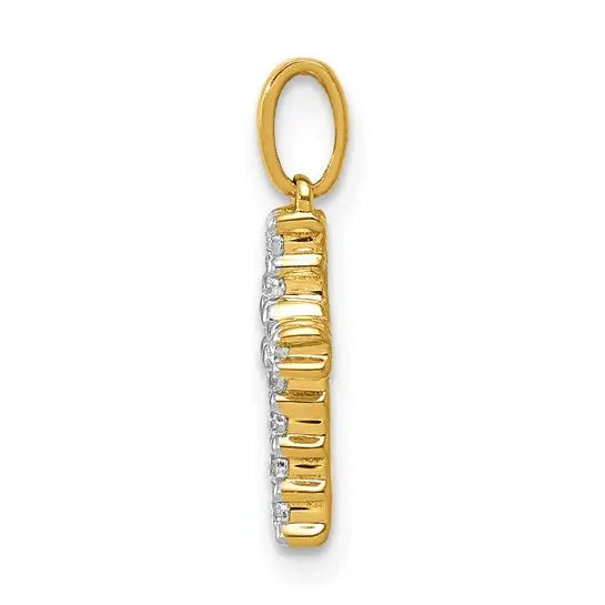 Side view of 14K yellow gold 1/10 carat lab grown diamond Latin cross pendant on white background