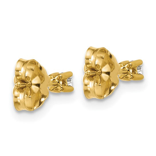 Back view of 14K yellow gold 1/10 carat lab grown diamond round stud earrings showing push-back posts on white background