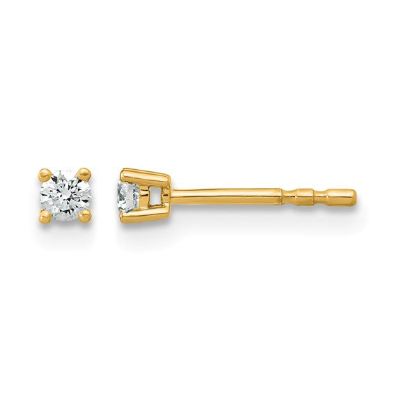 14K yellow gold 1/10 carat lab grown diamond round stud earrings front view pair on white background
