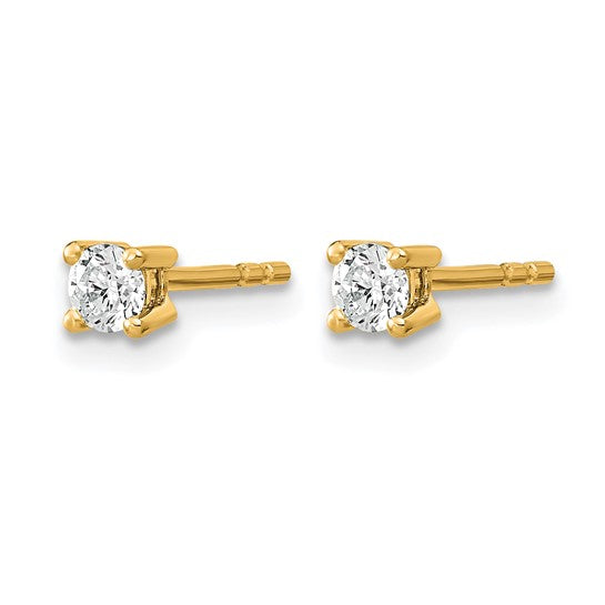 Side profile of 14K yellow gold 1/10 carat lab grown diamond round stud earring showing 4-prong basket setting on white background