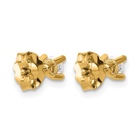 Back view of 14K yellow gold 1/3 carat lab grown diamond round stud earrings showing push-back posts on white background