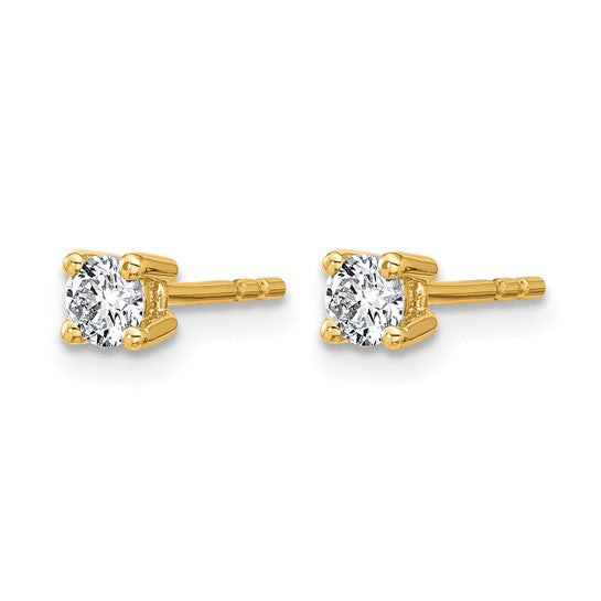 Side profile of 14K yellow gold 1/3 carat lab grown diamond round stud earring showing push-back post and 4-prong basket setting on white background