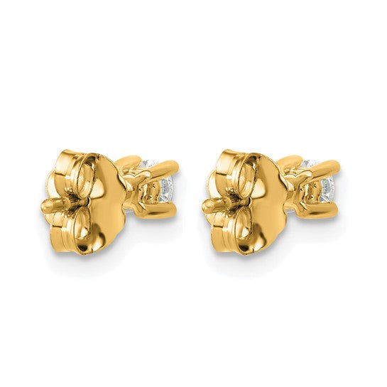 Back view of 14K yellow gold 1/5 carat lab grown diamond round stud earrings showing push-back posts on white background