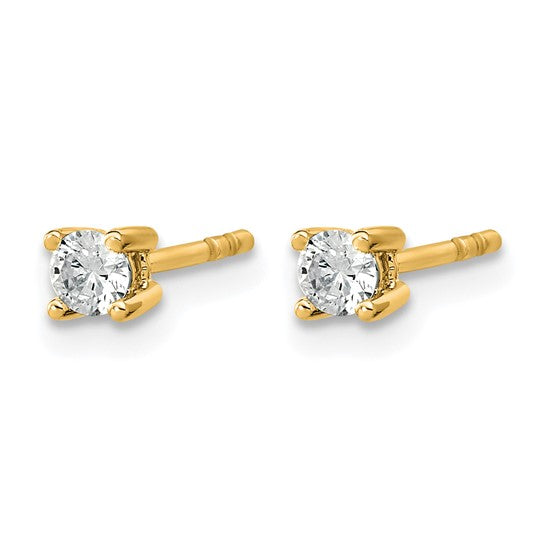 Side profile of 14K yellow gold 1/5 carat lab grown diamond round stud earring showing push-back post and 4-prong basket setting on white background