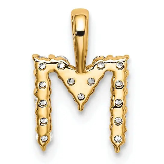 14K yellow gold lab grown diamond M initial pendant back view showing open-back design on white background