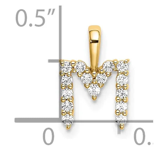 14K yellow gold 1/6 carat lab grown diamond M initial pendant with size reference on white background