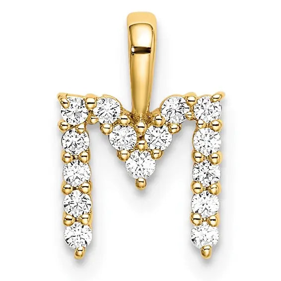 14K yellow gold 1/6 carat lab grown diamond M initial pendant front view on white background