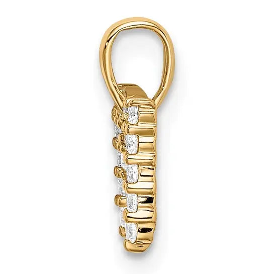 14K yellow gold lab grown diamond M initial pendant side view showing raised settings on white background
