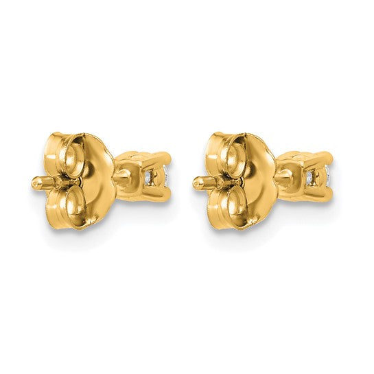 Back view of 14K yellow gold 1/6 carat lab grown diamond round stud earrings showing push-back posts on white background