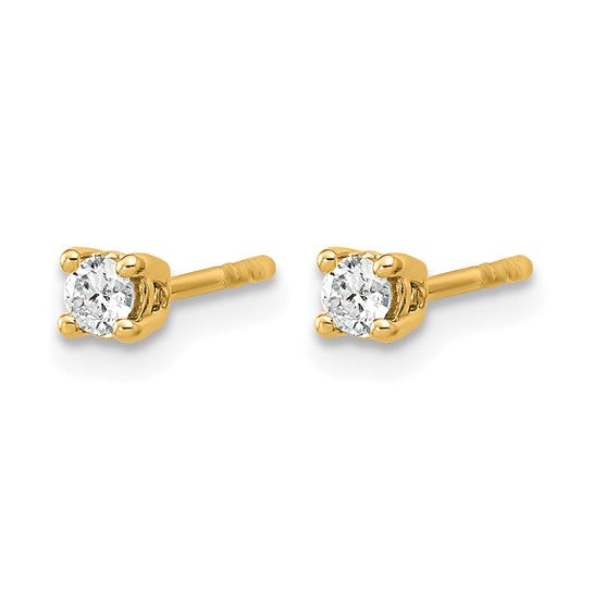 Side profile of 14K yellow gold 1/6 carat lab grown diamond round stud earring showing push-back post and 4-prong setting on white background