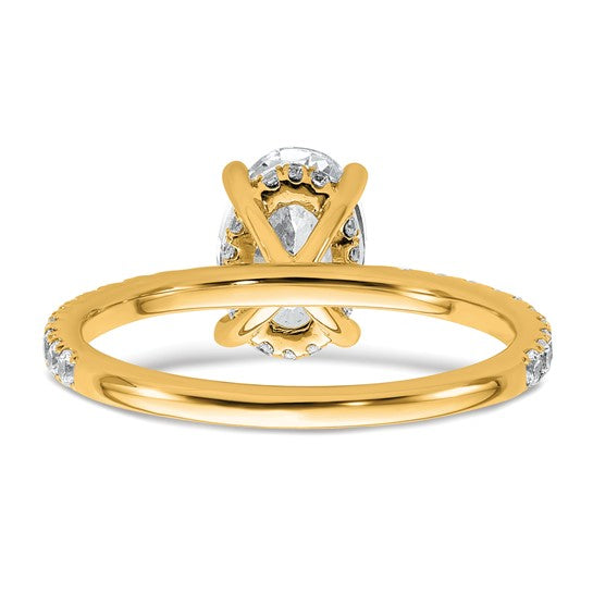 14K yellow gold oval lab grown diamond engagement ring back view showing fancy undercarriage gallery detail on white background