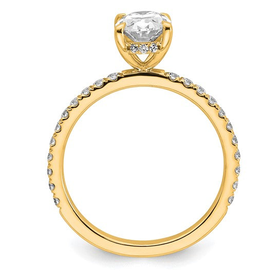 14K yellow gold oval lab grown diamond solitaire engagement ring side profile with hidden halo and pavé band on white background