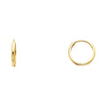 14K yellow gold 11mm polished huggie hoop earrings with hinged snap closure on white background